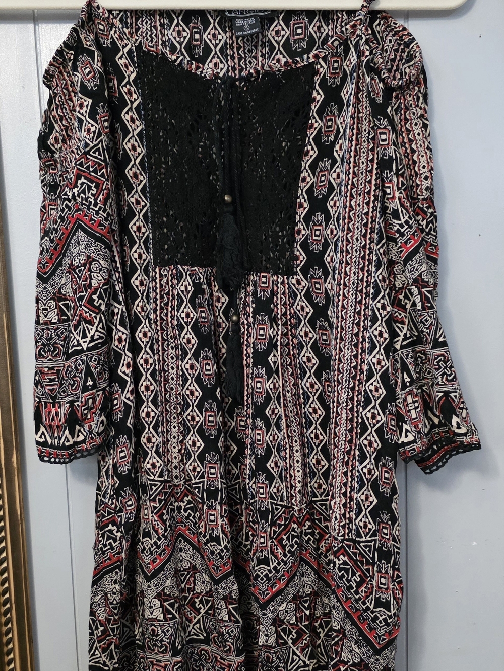 Angie Long Sleeve Black Dress with Red and White Geometric Print